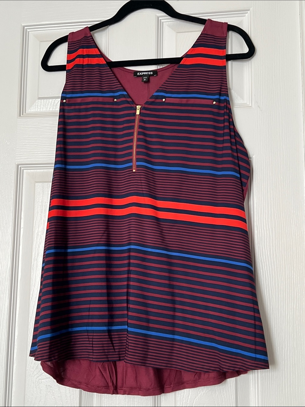 Express Striped Sleeveless Zip-Front Tank in Burgundy, Red & Blue